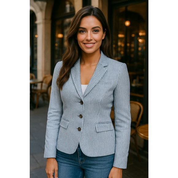 Navy Striped Blazer Isaac Mizrahi for Target Cotton Jacket Preppy Business Event - Picture 1 of 6